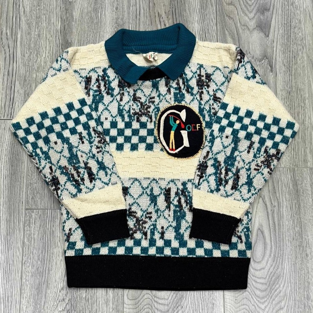VINTAGE 80s JFT by Laver Kids Golf Knit Sweater Youth Small Teal 3D Geometric